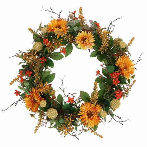 Floristik24 Couronne d&#39;Automne Fleurs en Soie Jaune Gerbera Chardon Couronne Murale Ø42cm