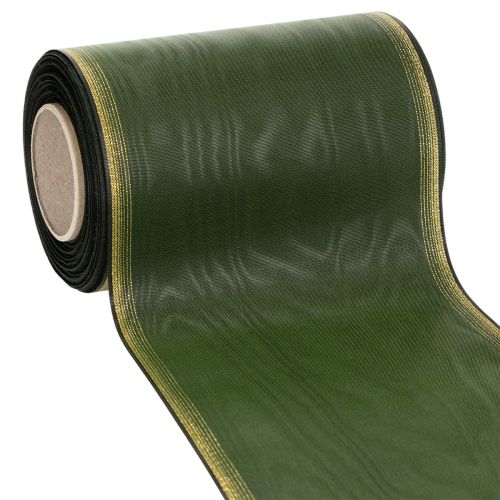 Floristik24 Ruban moiré pour couronne, 150 mm, vert foncé bordé de perles dorées, tissage taffetas, rouleau de 25 m pour la décoration et le design