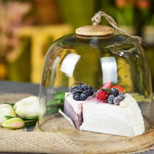 Cloche en verre avec plaque en bois, cloche à gâteau avec manche en jute H19cm Ø22.5cm