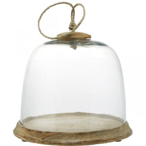 Cloche en verre avec plaque en bois, cloche à gâteau avec manche en jute H19cm Ø22.5cm