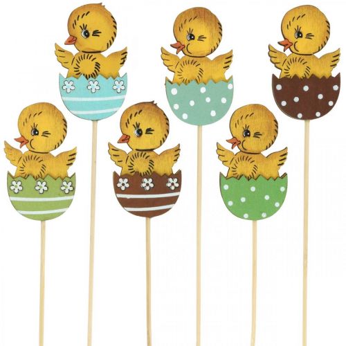 Article Décoration de Pâques poussin dans un œuf figurine décorative en bois sur bâton Pâques 7cm 12 pcs
