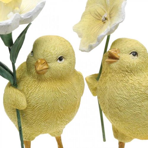 Floristik24 Joyeuses Pâques poussins, poussins avec fleurs, décorations de table Pâques, poussins décoratifs H11/11.5cm, lot de 2