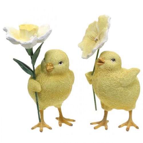 Floristik24 Joyeuses Pâques poussins, poussins avec fleurs, décorations de table Pâques, poussins décoratifs H11/11.5cm, lot de 2