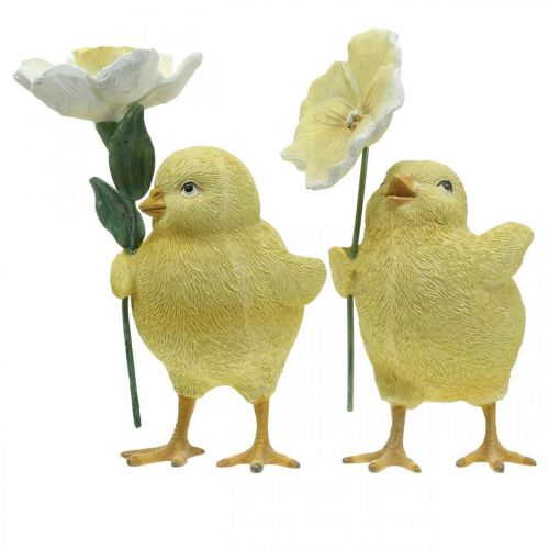 Floristik24 Joyeuses Pâques poussins, poussins avec fleurs, décorations de table Pâques, poussins décoratifs H11/11.5cm, lot de 2