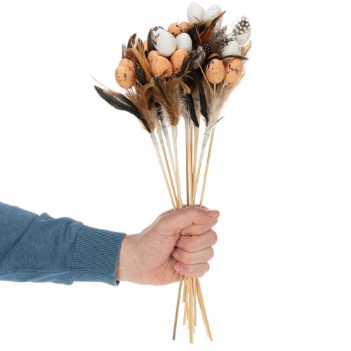 Article Œufs de caille artificiels, plumes décoratives sur bâtonnet, 36 cm, lot de 12