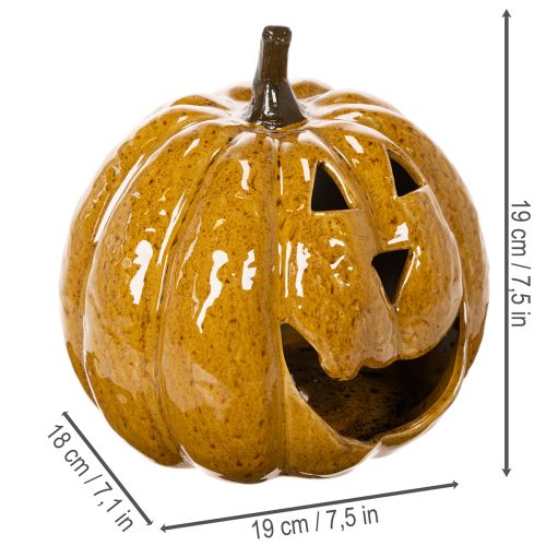 Citrouille en céramique avec visage et LED, 19 cm, jaune foncé | Floristik24.fr