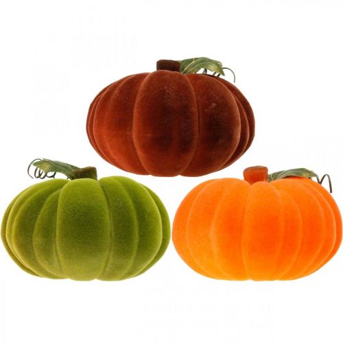 Article Citrouille décorative floquée mix orange, vert, rouge décoration automne 16cm 3 pcs