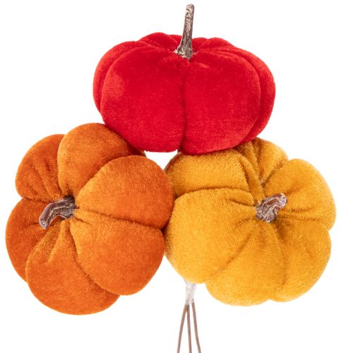 Décoration citrouilles en velours sur fil métallisé, 8 cm, set de 9, couleurs rouge, orange et jaune, intérieur