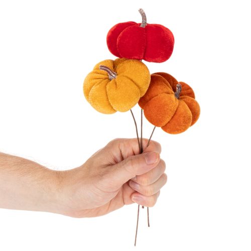 Décoration citrouilles en velours sur fil métallisé, 8 cm, set de 9, couleurs rouge, orange et jaune, intérieur | Floristik24.fr