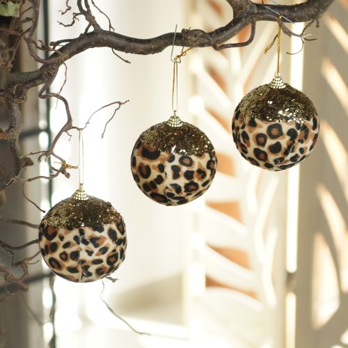 Boules de Noël motif léopard avec paillettes dorées 7 cm lot de 3 en plastique