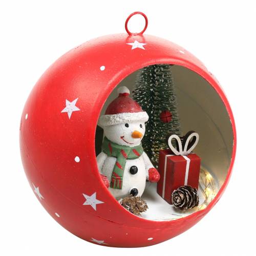 Floristik24 Boule de Noël à accrocher bonhomme de neige et LED rouge Ø14cm Pour piles