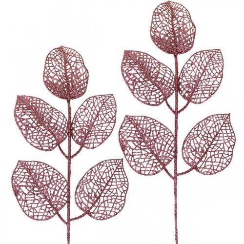 Article Plantes artificielles, feuilles déco, branche artificielle paillettes roses L36cm 10p