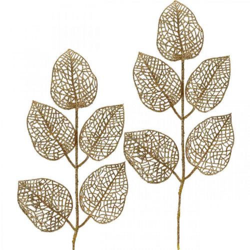 Floristik24 Plantes artificielles, décoration branche, feuille décorative paillettes dorées L36cm 10 pcs