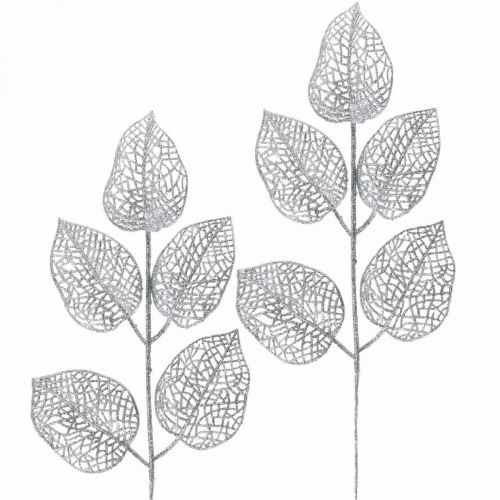 Article Plantes artificielles, décoration branche, déco feuille argent pailleté L36cm 10p