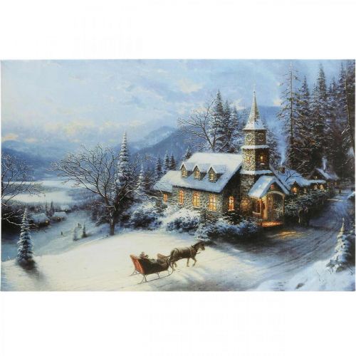 Floristik24 Image LED Paysage d&#39;hiver de Noël avec église murale LED 58x38cm