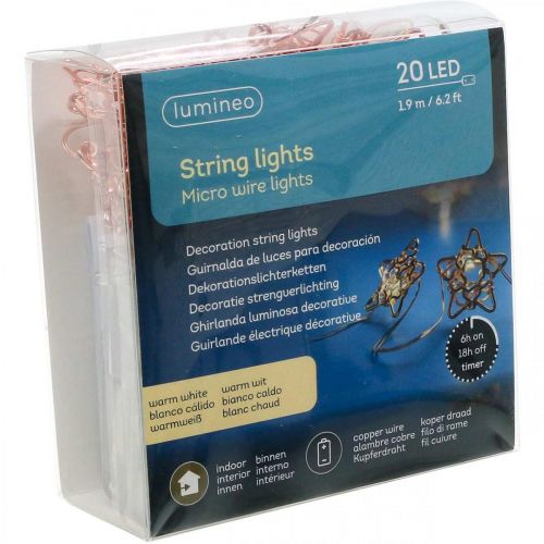 Article Guirlande lumineuse LED étoiles minuterie micro LED intérieur cuivre 1.90m