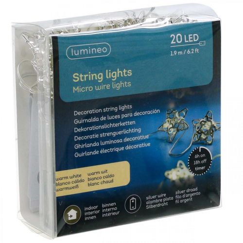 Article Guirlande lumineuse LED étoiles micro LED minuterie intérieur argent 1.90m