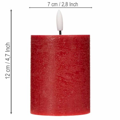 Bougie pilier LED en cire véritable rouge avec minuterie et lumière blanc chaud, 12 cm | Floristik24.fr