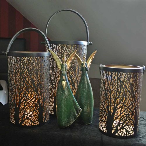 Floristik24 Lanterne en métal, lanterne avec arbre, décoration automne, noir, doré Ø20 / 19 / 14cm H23,5 / 17 / 12,5cm