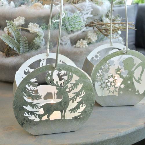 Floristik24 Lanterne avec motif ange et renne argent, blanc Ø10×H9.5cm 2pcs