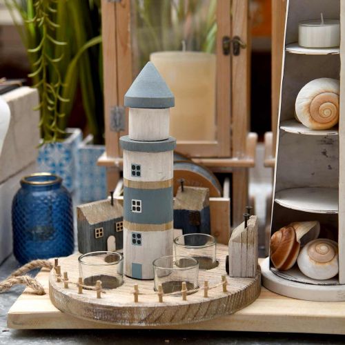 Floristik24 Photophore phare bleu, blanc 4 bougies chauffe-plat Ø25cm H28cm