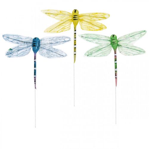 Décoration d&#39;été, libellules sur fil, insectes décoratifs jaune, vert, bleu L10,5cm 6pcs