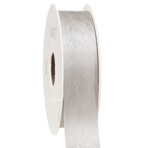 Floristik24 Luxueux ruban de soie argenté avec un élégant motif de plumes - idéal pour les mariages et les occasions festives. Large 25 mm, longueur 15 m.