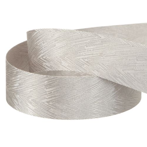 Article Luxueux ruban de soie argenté avec un élégant motif de plumes - idéal pour les mariages et les occasions festives. Large 25 mm, longueur 15 m.