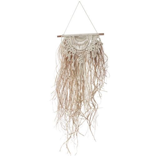 Décoration murale macramé boho crème bois de raphia naturel 38x100cm