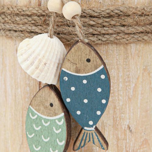 Article Décoration maritime voilier bois avec poisson blanc bleu H24cm