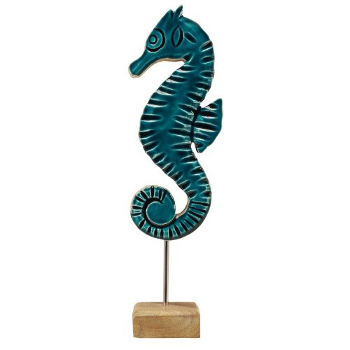 Article Décoration maritime hippocampe sur pied bois de manguier turquoise 19,5cm