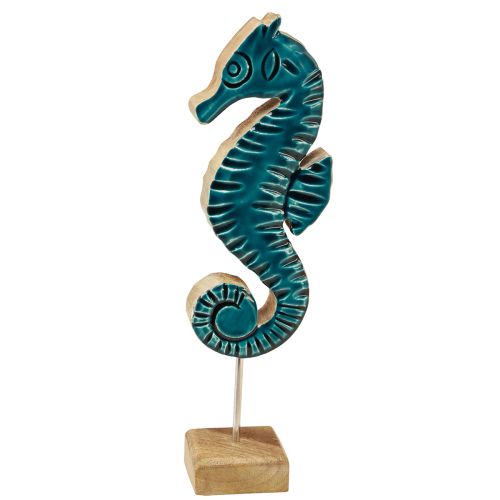Article Décoration maritime hippocampe sur pied bois de manguier turquoise 29cm