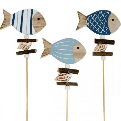 Floristik24 Bouchons décoratifs maritimes, poissons et coquillages sur bâton, décors marins, poissons en bois 6pcs