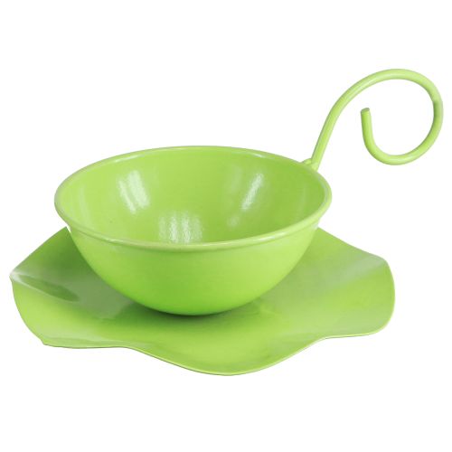 Floristik24 Tasse décorative en métal avec soucoupe vert clair H8cm Ø11,5cm 2pcs