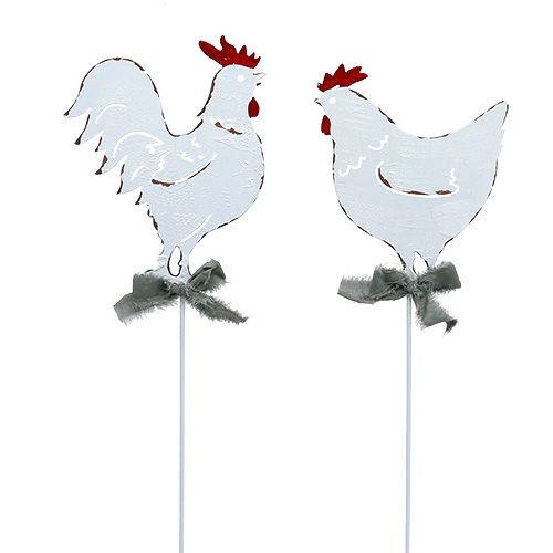 Floristik24 Poulet en métal sur un bâton blanc 16cm 6pcs