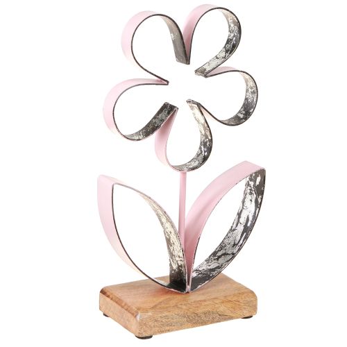 Fleur en métal sur socle en bois rose argenté vintage H29cm