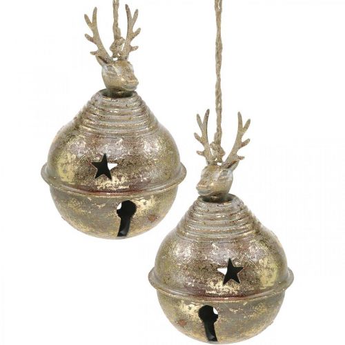 Floristik24 Cloches en métal avec décoration de rennes, décoration de l'Avent, cloche de Noël avec étoiles, cloches dorées aspect antique Ø9cm H14cm 2 pièces