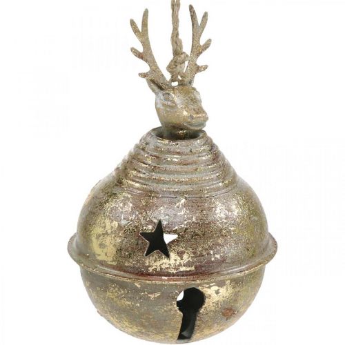 Floristik24 Cloches en métal avec décoration de rennes, décoration de l'Avent, cloche de Noël avec étoiles, cloches dorées aspect antique Ø9cm H14cm 2 pièces