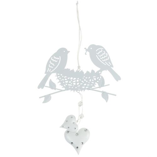 Floristik24 Suspension métallique nid d’oiseaux avec coeurs blanc 18 cm 3 p.