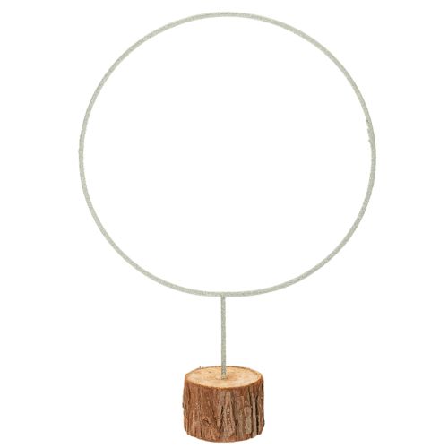 Cerceau décoratif rond en métal sur socle en bois avec écorce, 52 cm