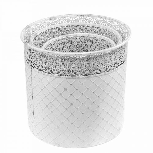 Article Cache-pot motif dentelle, récipient en métal, seau décoratif blanc, argenté shabby chic H28/25,5/23,5 cm Ø29,5/25,5/20 cm lot de 3