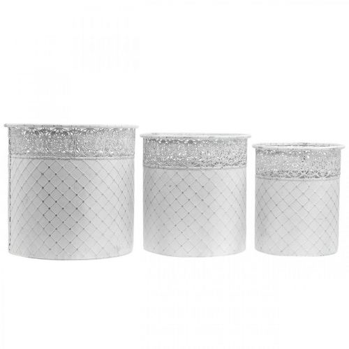 Article Cache-pot motif dentelle, récipient en métal, seau décoratif blanc, argenté shabby chic H28/25,5/23,5 cm Ø29,5/25,5/20 cm lot de 3