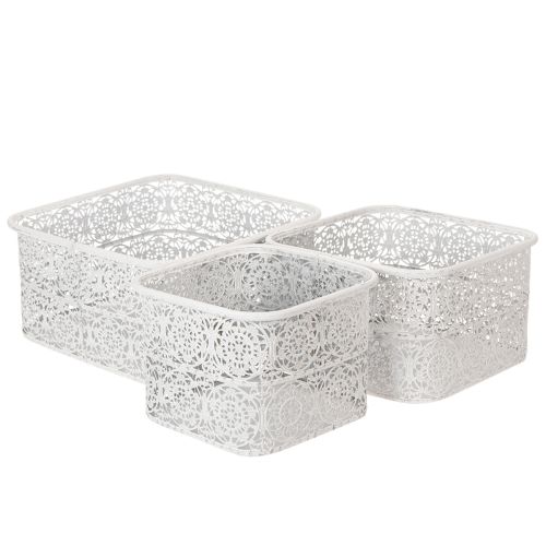 Floristik24 Bols en métal à motif dentelle, récipient décoratif, carré, style shabby chic, blanc, 27 x 23 x 19 cm, hauteur 13,5 cm, lot de 3
