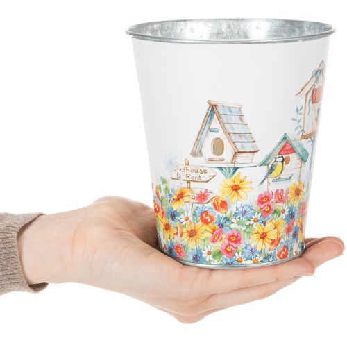 Article Pot en métal décoré, jardinière avec nichoirs, seau en fer-blanc H13cm Ø11,5cm