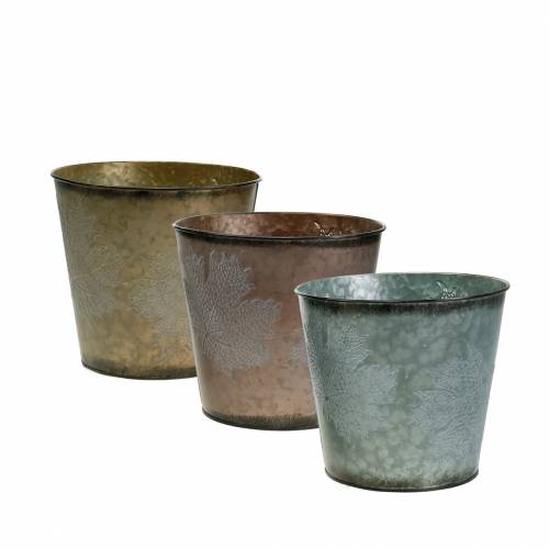 Floristik24 Cache-pot décoratif à feuilles zinc gris métallisé, orange, marron Ø17cm H14,5cm 3pcs