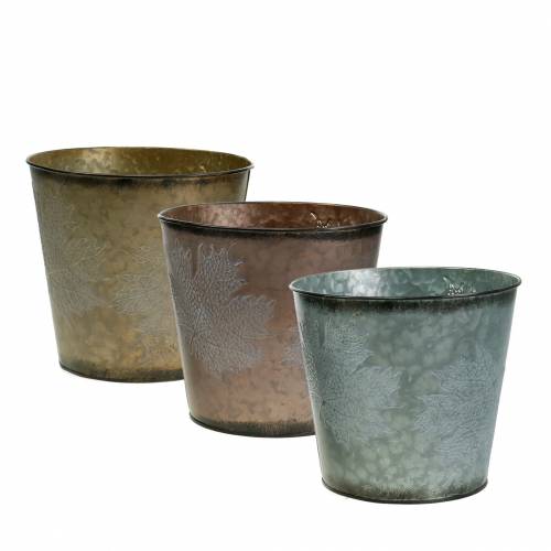 Cache-pot décoratif à feuilles zinc gris métallisé, orange, marron Ø18,5cm H15,5cm 3pcs