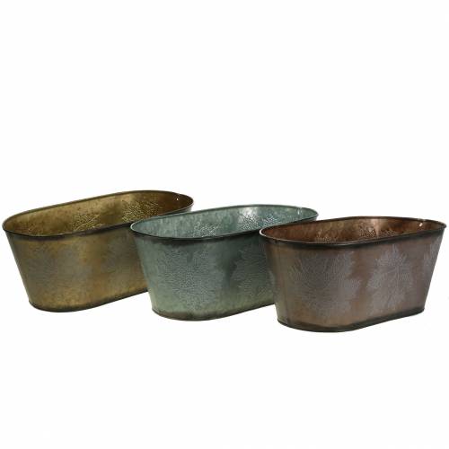 Cache-pot décoratif avec feuilles ovale zinc gris métallisé, orange, marron 38 × 20cm H15cm 3pcs