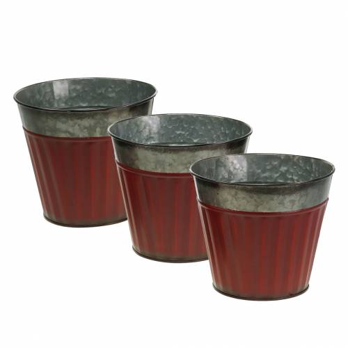 Floristik24 Cache-pot rouge, zinc argent Ø17,5cm H15cm lot de 3