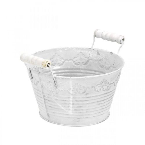 Article Bol décoratif à planter, pot avec anses en bois, décoration métal blanc, argent Ø16,5cm H12,5cm L20cm