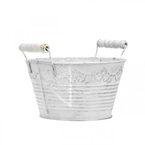 Floristik24 Bol décoratif à planter, pot avec anses en bois, décoration métal blanc, argent Ø16,5cm H12,5cm L20cm